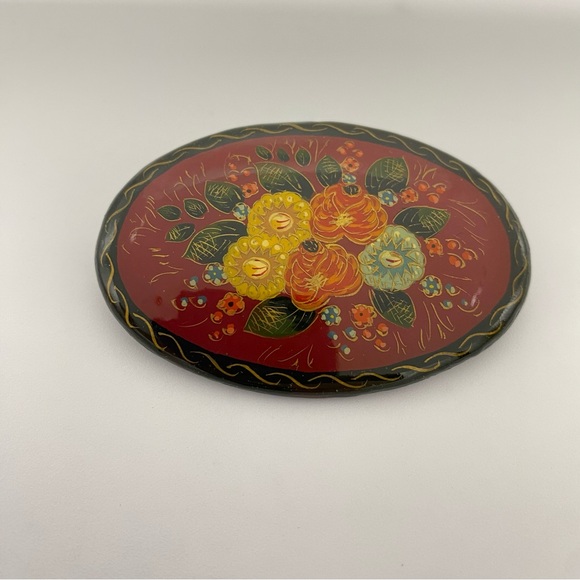 Hand Crafted Jewelry - Russian Vintage Floral Hand Painted Oval Brooch